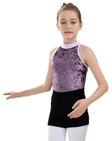 HEARTTOUCH Mädchen Samt Gymnastikanzug Turnanzug Ballettbody Tanzbody mit Tutu Rock Trikot Leotrd Shorts Ballettkleidung Tanzbekleidung Dancewear (C Lila,160)