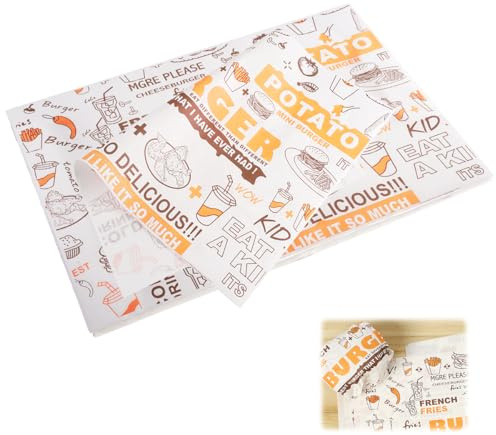 100 Feuilles Papier d'emballage Alimentaire, 36 x 26 cm | Papier Cire Résistant à l’huile et à l’eau, pour Sandwich, Hamburger, Frites, Fromage, Doublure Panier Alimentaire