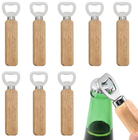 8 Pezzi Apribottiglie Legno, Apribottiglie Manico Faggio Birra con Manico in Legno, Cavatappi in Acciaio Inossidabile Portatili per Casa Bar Feste, Accessori per Cucina, Ristorante, Bevande e Regali