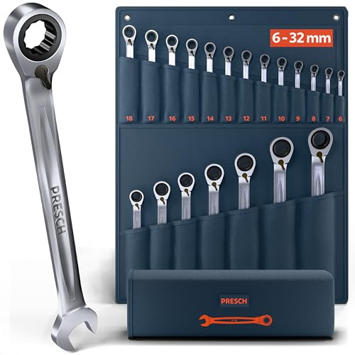PRESCH Clés à cliquet réversibles 20 pcs. (6-32mm) avec sacoche - Angle de reprise minimal (jusqu'à 2,7°, 135 dents) - Cles plate à cliquets robustes usinées avec précision