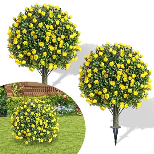 sykart 25.6 Artificial Topiary Ball Trees with Spike, 2 Pack UV Resistant Artificial Outdoor Shrubs Fake Bushes, Fake Plants Evergreen Tree for Outdoor Front Porch Decor (Yellow Rose)