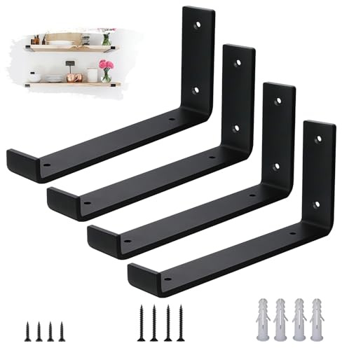 VTOPVMAX Regalhalterungen Schwerlastwinkel 4 Stück - 5 mm Starke Stahl Metall Regalträger mit Lippen, Industrielle Rustikale Schwarz Wand Regal Halterungen Kit 25 cm