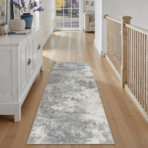 PureCozy Waschbarer Abstraktes Teppich 60x180 cm, Teppichläufer Flur Blau-Grau rutschfest für Wohnzimmer Schlafzimmer Balkon LäUfer KüChe Esszimmer BüRo Flach, Indoor Modern Weicher Kurzflor Carpet