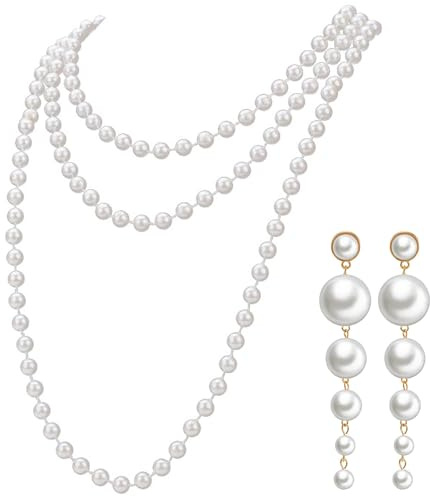 Teouuas Collier de Perles, avec Fashion Long des Boucles D'oreilles en Perles, Collier de Perle D'Imitation, pour Fête, Bal, Mariage, Cadeaux D'anniversaire (150 cm)