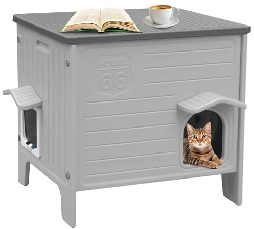 Rockever Insulated Outdoor Cat House, Waterproof Cat House for Outdoor Cats with Escape Door, Plastic Feral Cat House Outdoor Indoor, Spacious and Clean Easily (Grey,M)