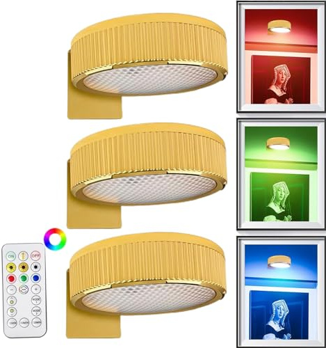 Générique Éclairage de Tableau Sans Fil - Applique LED avec Télécommande | Lampe Murale Magnétique à Piles | Lot de 3, Spot Dimmable pour Cadres & Œuvres d'Art, Installation Sans Perçage