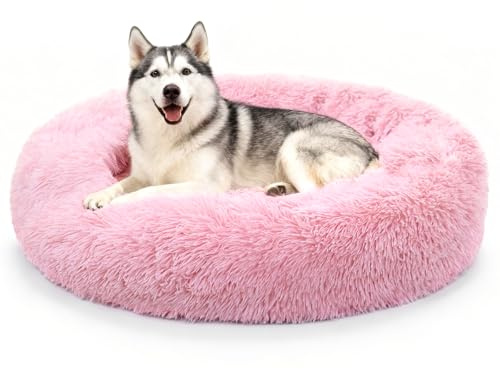 Hundebett Rund 80 cm Waschbares Plüschbett für mittelgroße Hunde Rosa | Langplüsch Extra dicke PP-Füllung Hohe Rücksprungkraft Rutschfester Boden Maschinenwaschbar Plüschbett für Hunde bis 20 kg