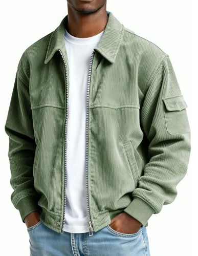 Dyhxuan Veste chemise pour homme - Veste surdimensionnée en velours côtelé - Fermeture éclair - Veste de mi-saison - Couleur unie - Veste de loisirs - Manches longues, vert, M