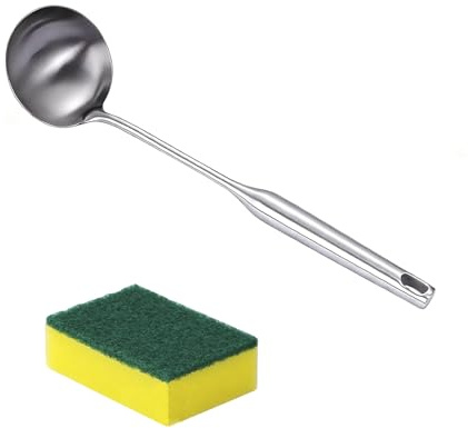 Stainless Steel Soup Ladle,One-Piece Professional Ladle with Washing Sponge | Hanging Loop & Dishwasher Safe, Cooking Ladle for Soup Sauce Stew Cooking, 35cm