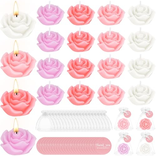 24er Set Blumenkerzen, Rosen Duftkerzen als Hochzeitsgastgeschenke, Mini Teelichter mit Organza Beuteln & Thank You Tags, Rosenform für Gäste, Party Giveaways, Geburtstag & Bridal Shower