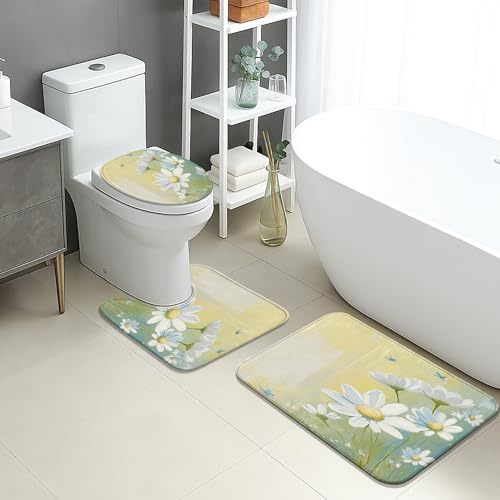 Juego de tapetes de baño de primavera de 3 piezas, diseño floral de crisantemo, absorbentes, antideslizantes, en forma de U, lavables, color verde vibrante, de franela, de secado rápido