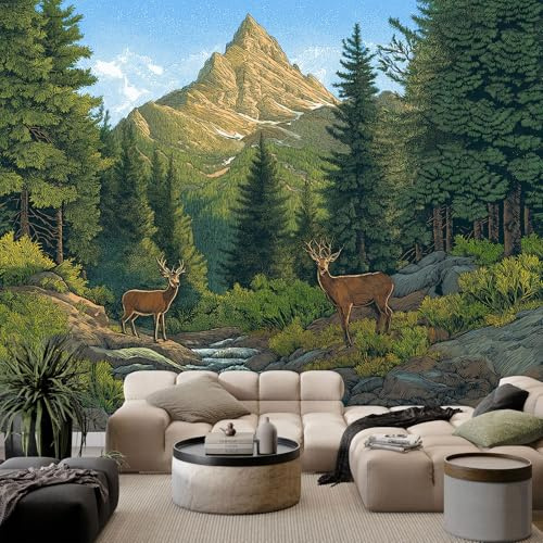 Murales Papel Pintado 3D Animales ciervos montañas y bosques 250x175 cm Fotomurales Póster No Tejido, Decoración Pared Papel Pintado Mural para Salon, Dormitorio, Oficina