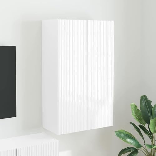 TV Wandschrank Hochglanz Weiß Hängeschrank mit 2 Türen und Regal | Holzwerkstoff, 59,5x31x100 cm, viel Stauraum, 90° Pendeltüren, einfache Wandmontage, moderne Optik, pflegeleicht