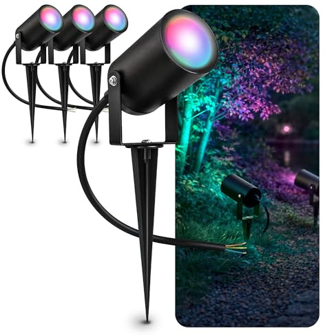 SSC-LUXon KALOA Gartenstrahler 4er Set schwarz Erdspieß Smart GU10 RGBW | Vier Erdspießstrahler mit Smart-Licht - per App steuerbar, RGB-Farblicht, für Bäume, Pflanzen & Wege, inkl. GU10 LED