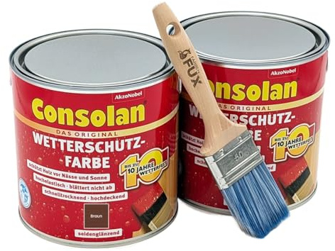 FarbenFux Consolan Wetterschutzfarbe 5 Liter Set inkl Profi Flachpinsel, deckender Holzschutz für Außen in allen Farbtönen (Braun)