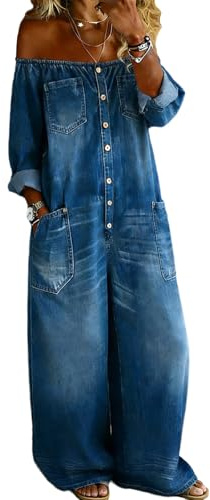 Mono Vaquero de Corte Holgado para Mujer, Mono Sexy de Manga Larga con Hombros Descubiertos y Botones, Mono Vaquero de Pierna Ancha, Mameluco Largo de Mezclilla,Dark Blue,M
