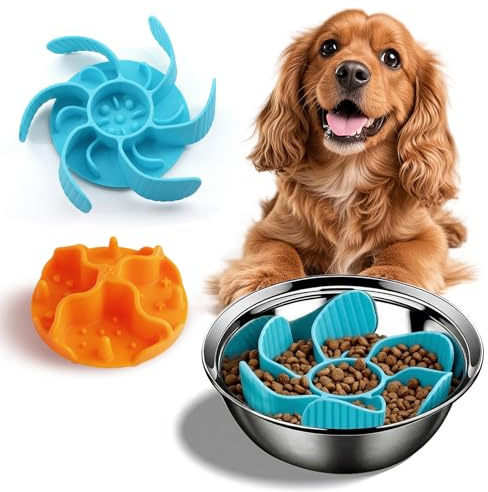 2PCS Slow Feeder Insert for Dog Bowl with Strong Suction, Silicone Slow Feeder Dog Bowl for Dogs Puppys and Cats, Blue & Orange