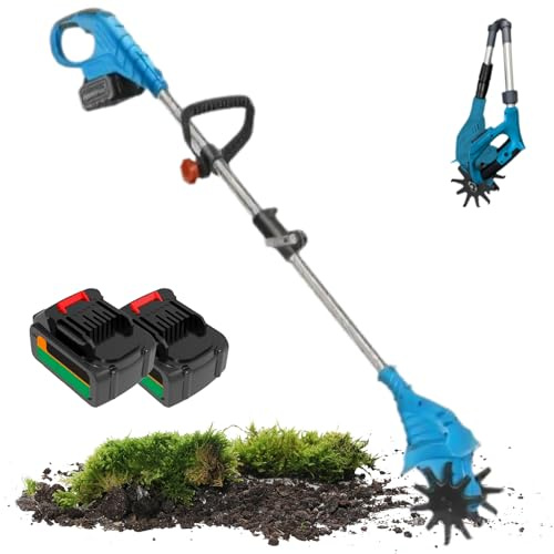 Motozappa Elettrica a Batteria da 1380 W, Fresatrice Pieghevole con Impugnatura Regolabile, profondità di Lavorazione 25 Cm, Larghezza 10 Cm, 4 Lame in Acciaio al Mangane Blue (2 Units, 10 Batteries)