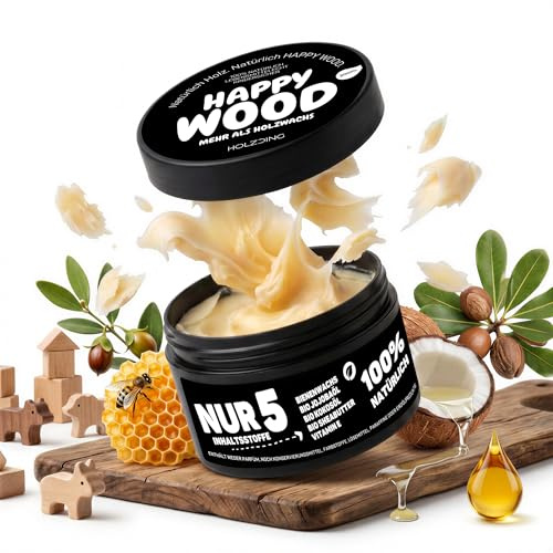 HOLZDING® Happy Wood Cire pour bois de qualité alimentaire - Soin naturel du bois avec cire d'abeille et huiles biologiques - Pour jouets en bois, planche à découper, meubles pour enfants - Sans
