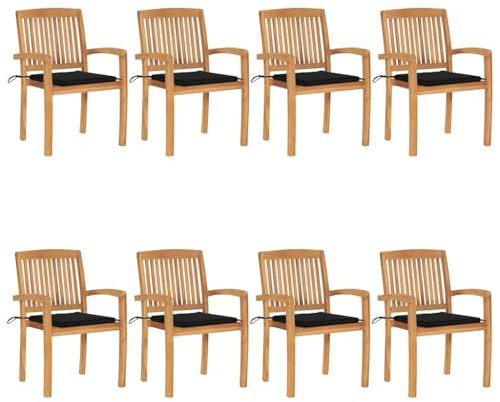 YuuSsea Stapelbara trädgårdsstolar med kudde 8 st, massivt trä teak väderbeständig, platsbesparande för balkong terrass utomhus, bekväm stoppning, armstöd och ryggstöd, perfekt för camping pool