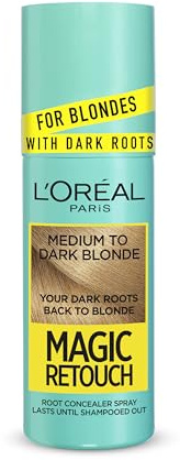 L'Oréal Paris Magic Retouch Instant Root Spray, Med to Dark Blonde. Ensures flawless coverage for grey regrowth in 3 seconds. This 75ml spray offers a quick, easy, natural-looking root touch-up.