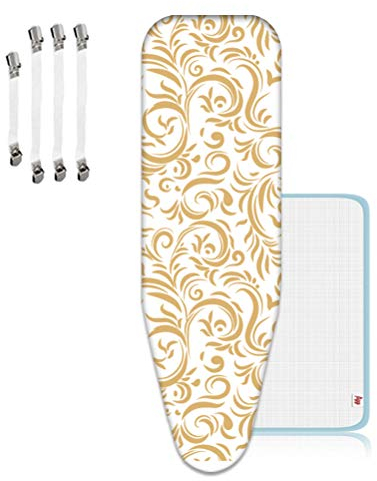 Padwspro Bügelbrettbezug, Universal-Bügelbrett-Ersatzbezug, mit Zugschnüre, Bügeltischbezug XL, passend für Bügelbretter 125x45cm, Anpassbare Bügelbrettbezug,Golden