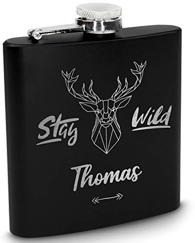 polar-effekt Flachmann aus Edelstahl mit Wunschgravur - 170ml - schwarz - Deutsche Herstellung - Motiv Genießer - praktisch und hochwertig - Motiv: Polygon Hirsch