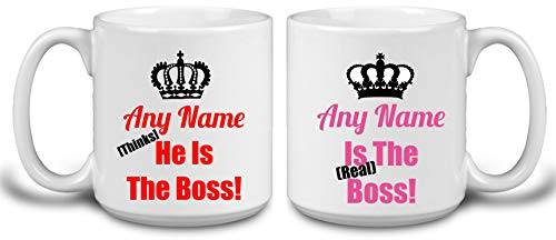 Personalised The Boss The Real Boss Mugs Set of 2 - King Queen Couples Husband Wife His and Hers Gifts Idea for Engagement Wedding Anniversary Valentines (Jumbo 20oz)