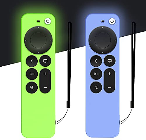 DAZUAN 2 PCS Funda de Silicona para Control Remoto Apple TV 4K 2021,Funda Protectora de Cuerpo Completo a Prueba de Golpes para Control Remoto Siri 6nd Gen con Cuerda Antipérdida(Glow Azul+Glow Verde)