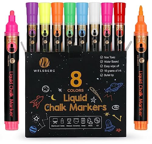 welsberg 8 Kreidestifte, Abwaschbar Glasstifte, flüssige Tafelstifte mit 5mm Spitze, Kreidemarker für Tafel, Whiteboard, Fenster, Glas, 10 Gramm Jumbo Tinte, Chalk Markers für Erwachsene, Kinder