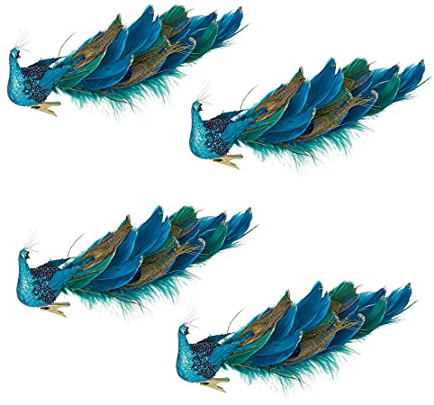 EESLL 12 x 4 Stück künstliche Pfauen-Weihnachtsschmuck mit einem echten Pfauenfederschwanz, glitzernde, blaue Pfauenornamente mit Clip, grün und blau, strukturierter Pfau für Weihnachtsdekoration