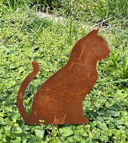 Katze sitzend 30x25cm zum Stecken Gartenstecker Edelrost Tierfigur Metall