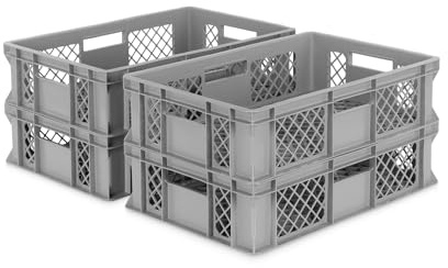 DIE BOX FABRIK 4er SET Bäckerkisten 600x400x150mm, Bäckerkiste, Brotkiste, Brotkörbe, Brötchenkiste, Aufbewahrungsbox offen, 60x40x15cm, Stapelbehälter, Eurobehälter, Stapelkisten (Grau)