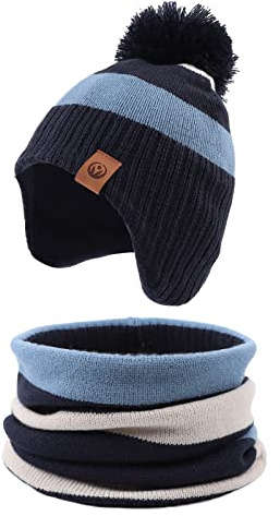 XIAOHAWANG Strisce Inverno Beanie Cappello Lavorato a Maglia Ragazzi Ragazze Toddler Bambini Caldo Bambino Classici Beanie Cappelli (Cappello+Sciarpa), L