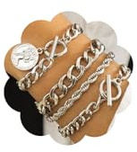 fxmimior Boho Fashion Dainty Simple Gold Silver Chain Stackable Bracelets Set for Women Adjustable Beaded Chunky Flat Cable Chain Punk Coin Bracelets Jewelry for Women Gift Set of 4 (Silver)