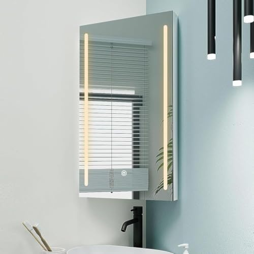 Mepplzian Eck Spiegelschrank Bad, LED Badezimmer Eckschrank, 41 x 60 cm | Eckspiegelschrank für Kompakte Räume Entwickelt, Badschrank Hängend mit 3 Regalebenen mit Beleuchtung, Weiß
