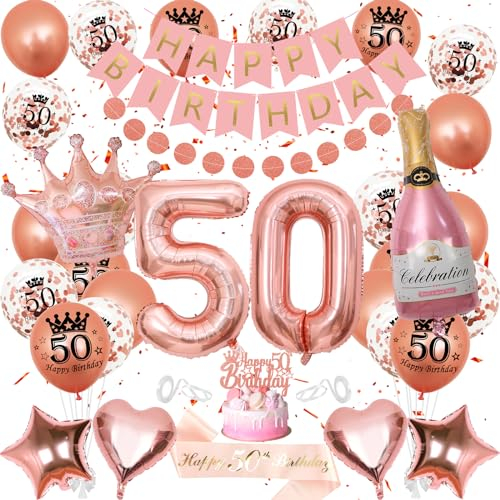 WKxinxuan 50th Birthday Decorations for Women - Banner, Balloons, Cake Topper, Sash, Champagne Crown Foil Balloon - Rose Gold