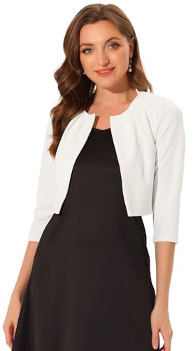 Allegra K Boléro en Mousseline Femme Blazer Court de Bureau à Haussement d'Épaules et à Manches 3/4 Cardigan Léger Plissé sans Col Blanc S