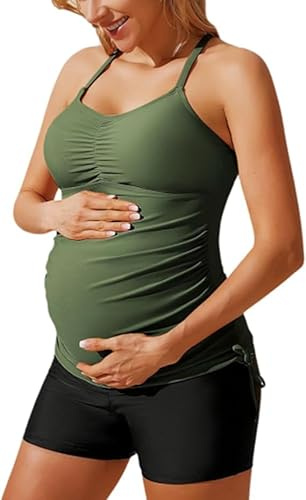 Maacie Maternity Swimsuit Athletic Pregnancy Swimwear Two Piece Floral Print Ruched Tops with Shorts