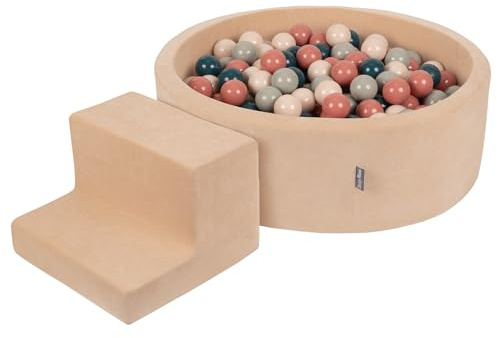 KiddyMoon Spielplatz Velvet Aus Schaumstoff Mit Rund Bällebad (100 Bälle) + Stüfchen Ballgruben Für Babys Spielbad, Sandbeige:Dunkeltürkis/Pastellbeige/Grüngrau/Lachsfarben