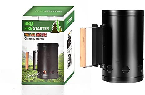 Alomejor Anzündkamin aus Edelstahl mit Holzgriff, Zubehör für Brikett-Holzkohlegrillen Im Freien (Black)