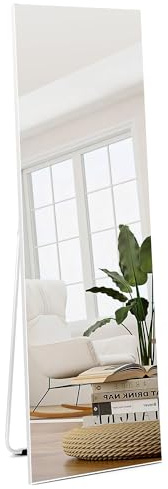 HORLIMER Standspiegel 150x41 cm mit Weißer Rahmen, Großer Wandspiegel oder Stehspiegel Ganzkörperspiegel für Schlafzimmer, Wohnzimmer, Flur, Sicherer Ankleidespiegel
