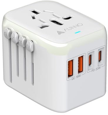 AUNNO Universal Travel Adapter, PD 20W Fast Charging Plug Adapter with 2 USB-C and 2 USB-A Ports, All in One Travel Adapter for Europe, UK, US, Australia etc