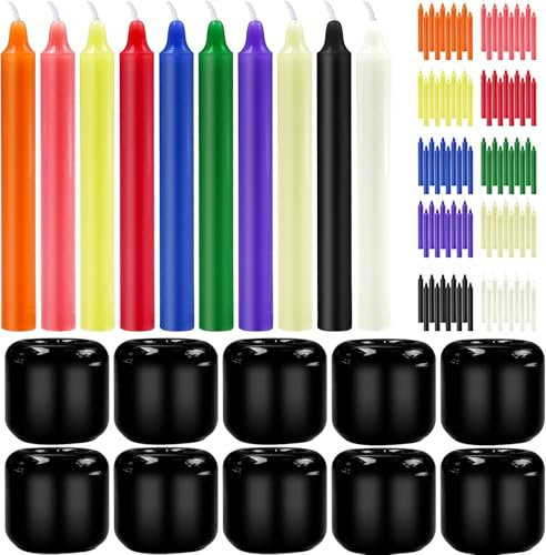 Colored Taper Candles for Witchcraft, 100 Pack Spell Candles with 10 Black Ceramic Holders, Ritual Candle Sticks for Witch Decor, Shabbat Candles Bulk for Casting Chimes, Meditation, Altar, Wax Play