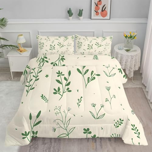 PNHCL Piumino Singolo 4 Stagioni Piante Verdi Piumone Letto Singolo Bambino 140x200 cm Super Morbida Trapunta in Microfibra per Tutte le Stagioni, Lavabile in Lavatrice - Colore Crema