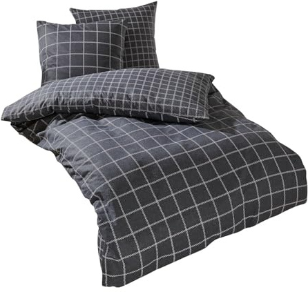 Traumschlaf Feinflanell Bettwäsche Oslo Graphit – Winterbettwäsche aus 100% Baumwolle – weich, flauschig & temperaturausgleichend – modernes Karodesign – mit Reißverschluss – 140x200 cm + 70x90 cm