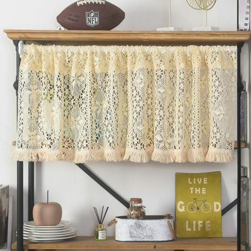 Beydodo Scheibengardine Bistrogardine Blickdicht 94 cm Hoch, Vorhang Kurz Vintage Häkeln mit Blumen Muster Küchengardine Fenster Beige 150x94CM, 1 Stück