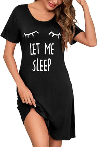 Uniexcosm Chemise De Nuit Femme Coton Manche Courte Chemise Nuit Femme Grande Taille Robe Nuit Femme Coton Noir S