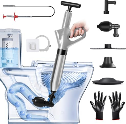 DkevEu Rohrreiniger Druckluft, Abflussreiniger Pumpe mit Luftdruckanzeige, Rohrreinigungspumpe mit 4 Saugnäpfen Handschuhe und Krallengreifer, Abflussreiniger für Toiletten Küchenrohre (Grau)