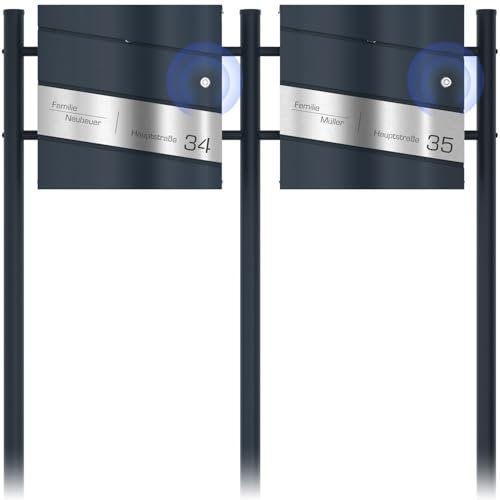 Timbre inalámbrico buzón Doble con Soporte buzón en Antracita RAL 7016 - Grabado láser Diagonal Personalizado Acero Inoxidable - Buzón con Cerradura diseño 1